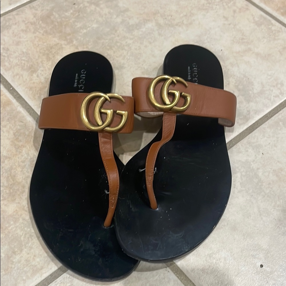 Gucci Brown Sandals with Gold Logo